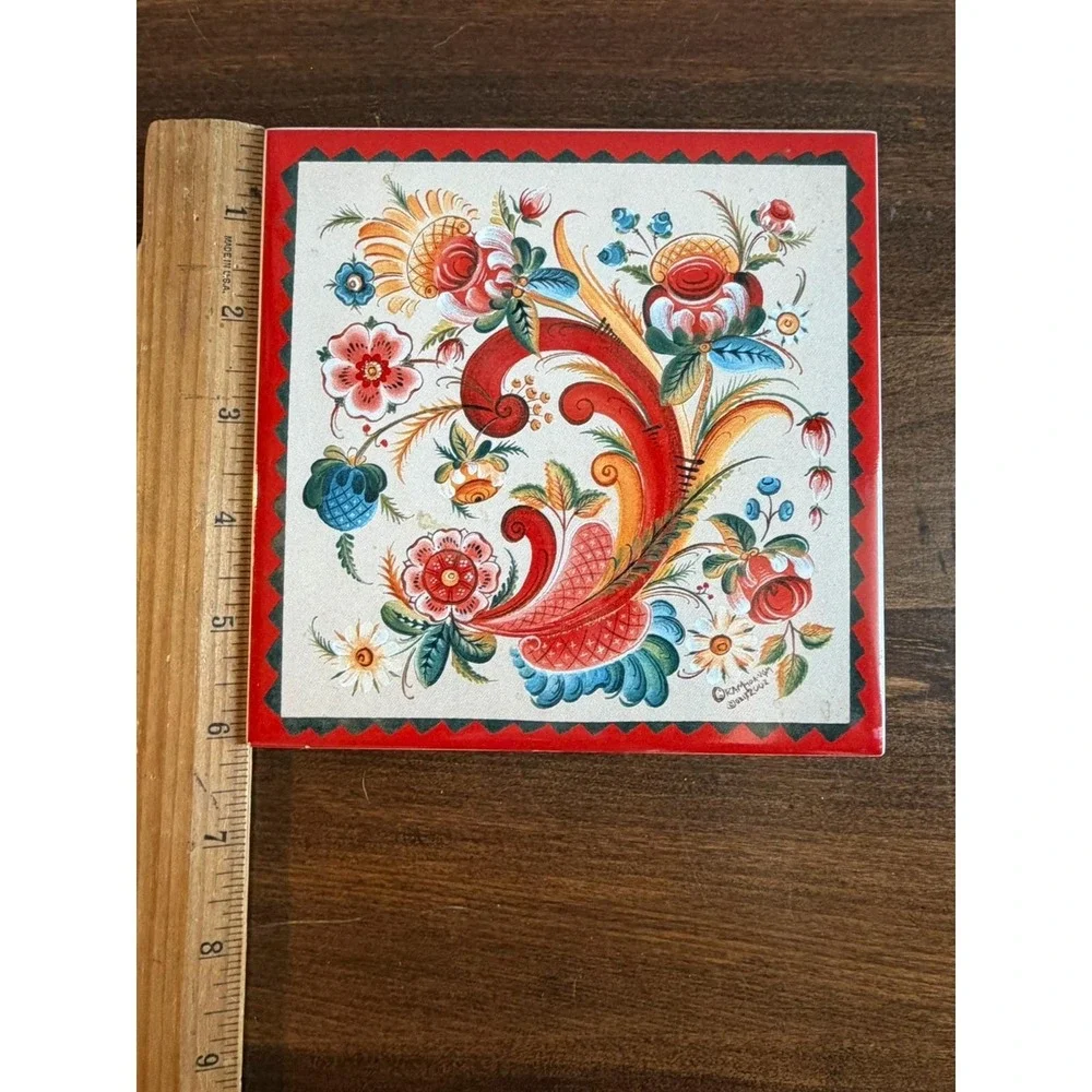 OS Rosemaling Gayle Oram Ceramic Trivet Wall Hanging Cork Backing